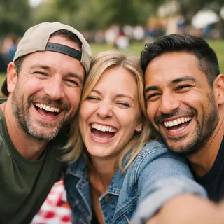 Three friends squeezed into one selfie at a picnic