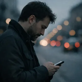 Man in side profile looking down at his phone on a street at dusk