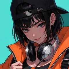 Anime girl in a black cap and an orange jacket with headphones