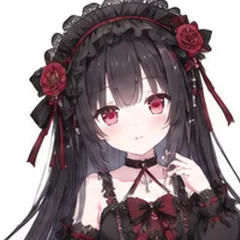Anime girl with long black hair and a red rose headdress