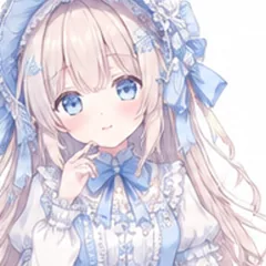 Anime girl with long blonde hair and a blue lace bonnet